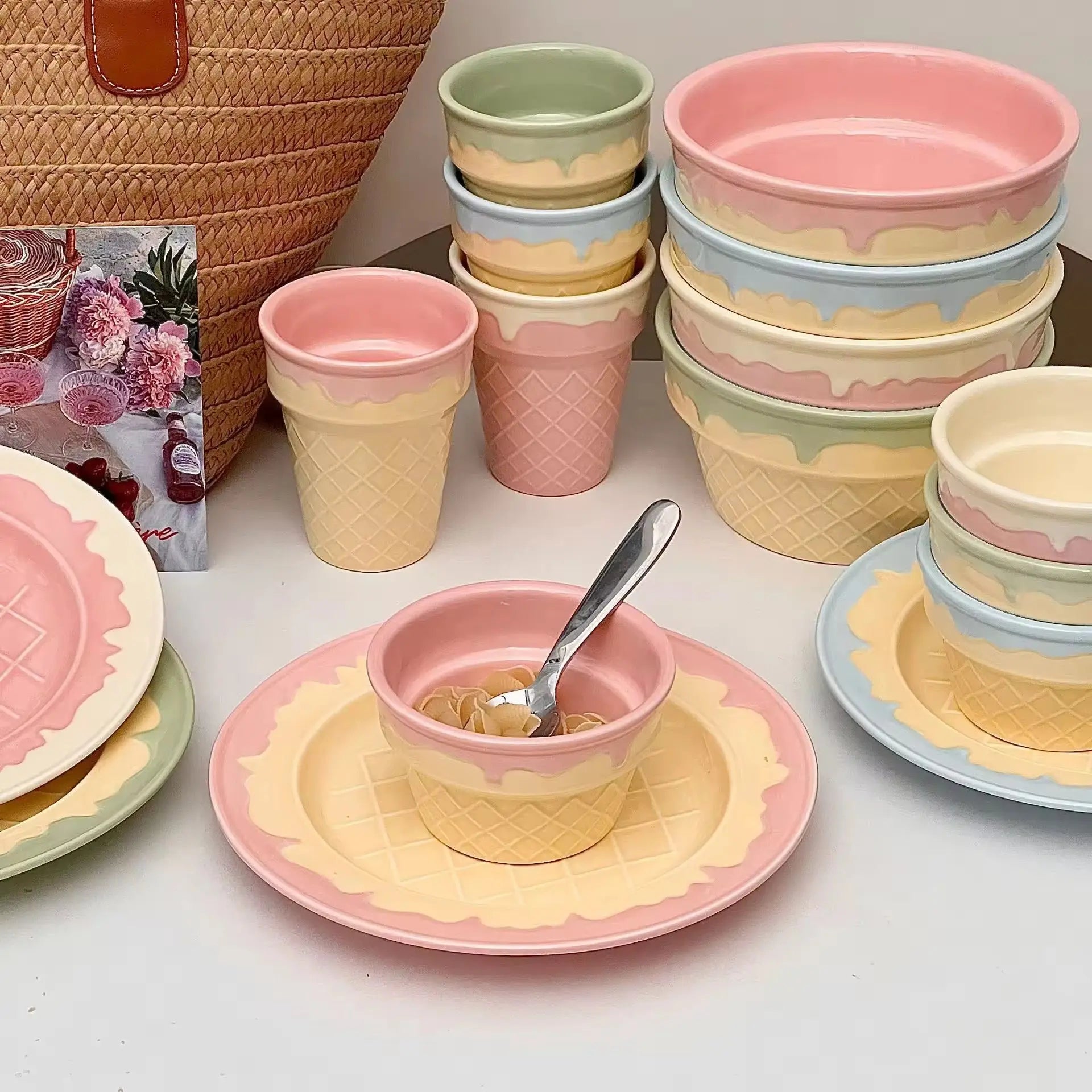 Ice Cream Cone Ceramic Bowl & Cup Set Pastel Pink Dessert Bowl, Snack Cup, Breakfast Bowl, Ice Cream Plate Cute Kitchen Tableware Collection SparkelsSparkels