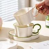 Modern Flower Shaped Ceramic Coffee Cup & Saucer Set Elegant Black Rim Latte & Tea Mug Set