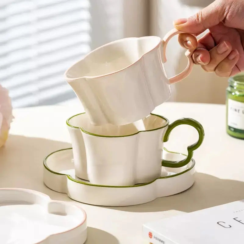 Modern Flower Shaped Ceramic Coffee Cup & Saucer Set Elegant Black Rim Latte & Tea Mug Set