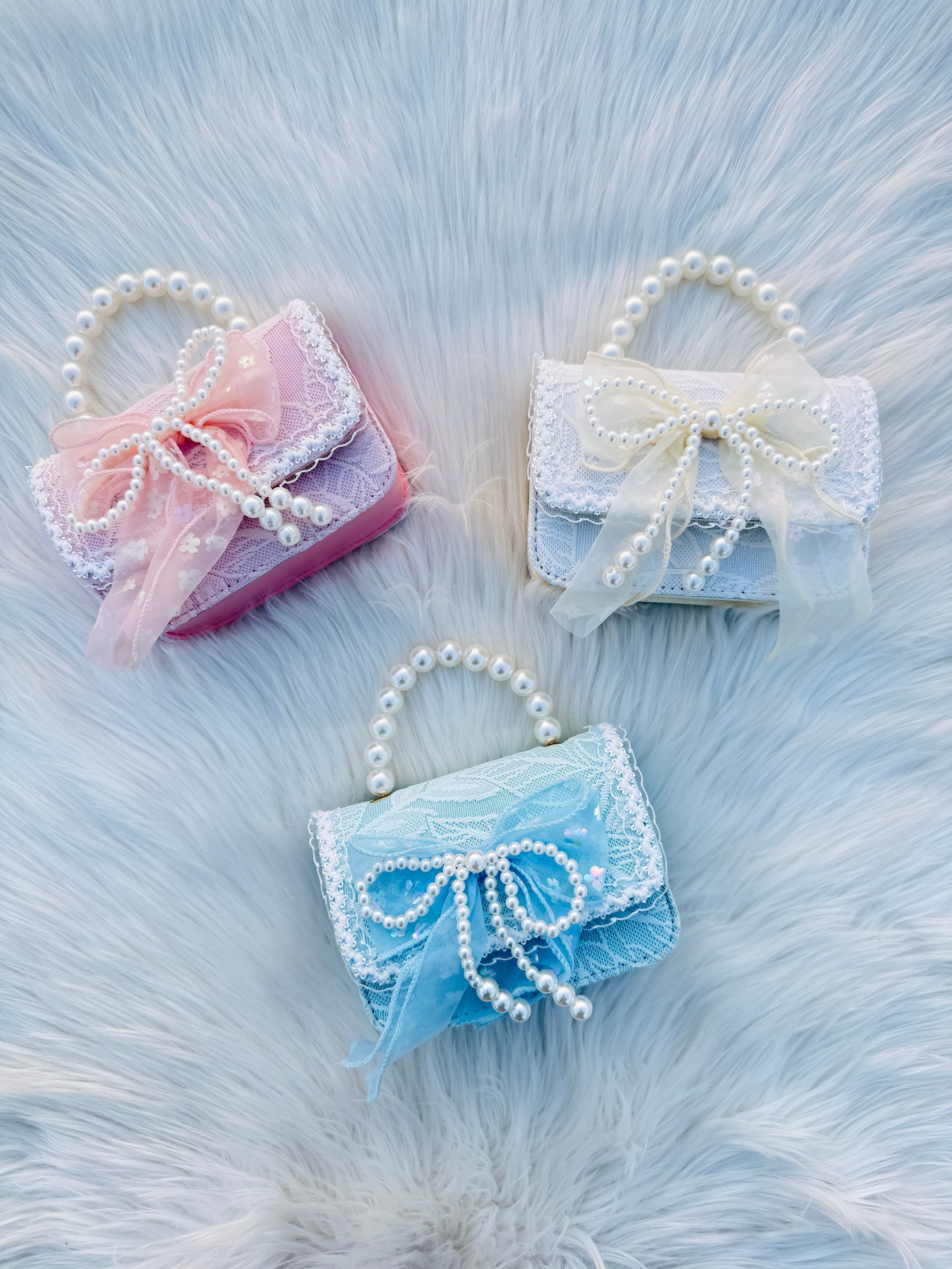 Pearl Handle Lace Bow Mini Handbag for Girls Cute Princess Shoulder PurseKorean Style Crossbody Bag