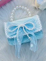 Pearl Handle Lace Bow Mini Handbag for Girls Cute Princess Shoulder PurseKorean Style Crossbody Bag