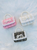 Pearl Handle Tweed Mini Handbag for GirlsLace Bow Shoulder Purse Cute Korean Style Crossbody Bag