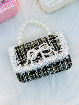 Pearl Handle Tweed Mini Handbag for GirlsLace Bow Shoulder Purse Cute Korean Style Crossbody Bag