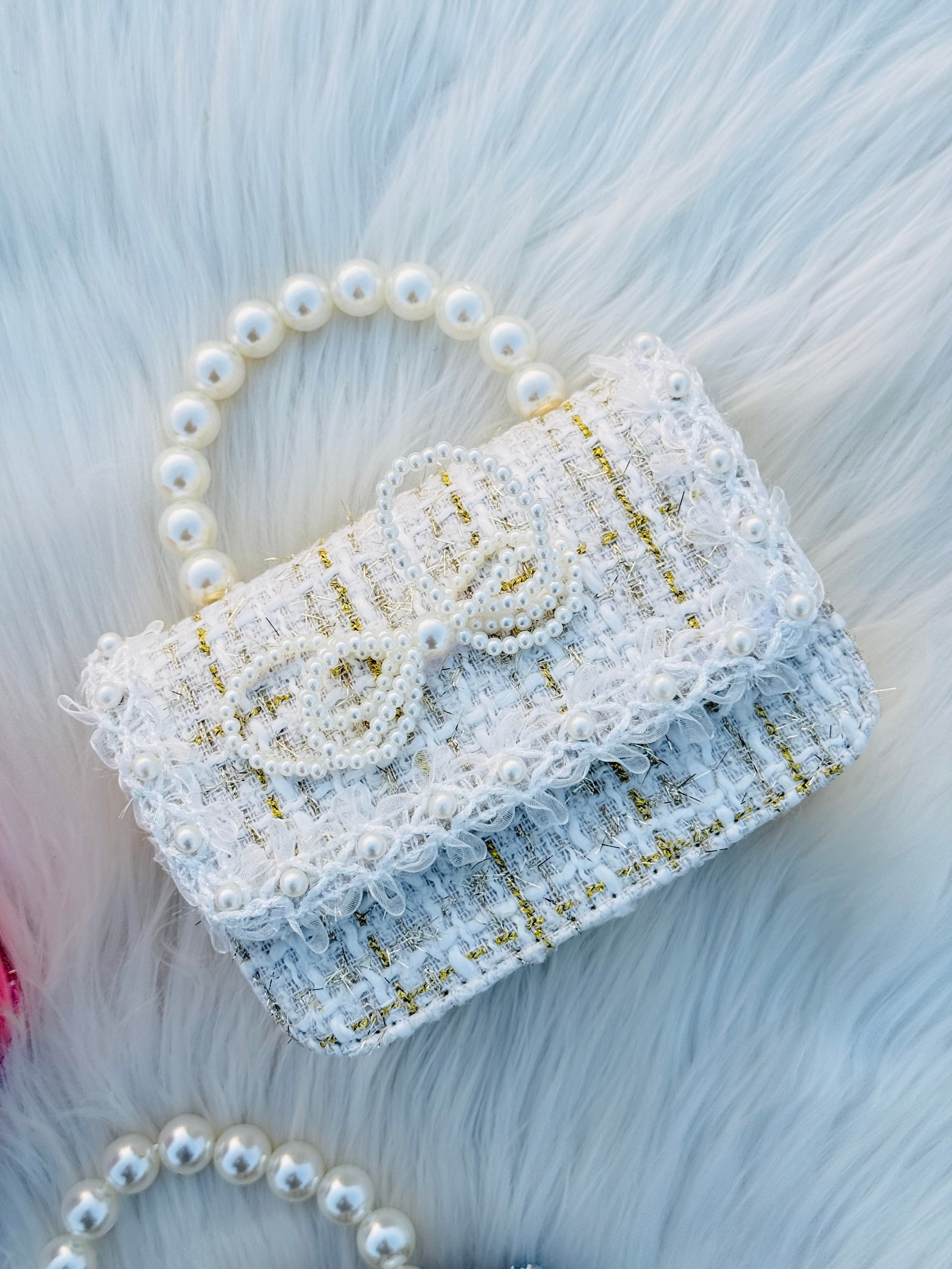 Pearl Handle Tweed Mini Handbag for GirlsLace Bow Shoulder Purse Cute Korean Style Crossbody Bag