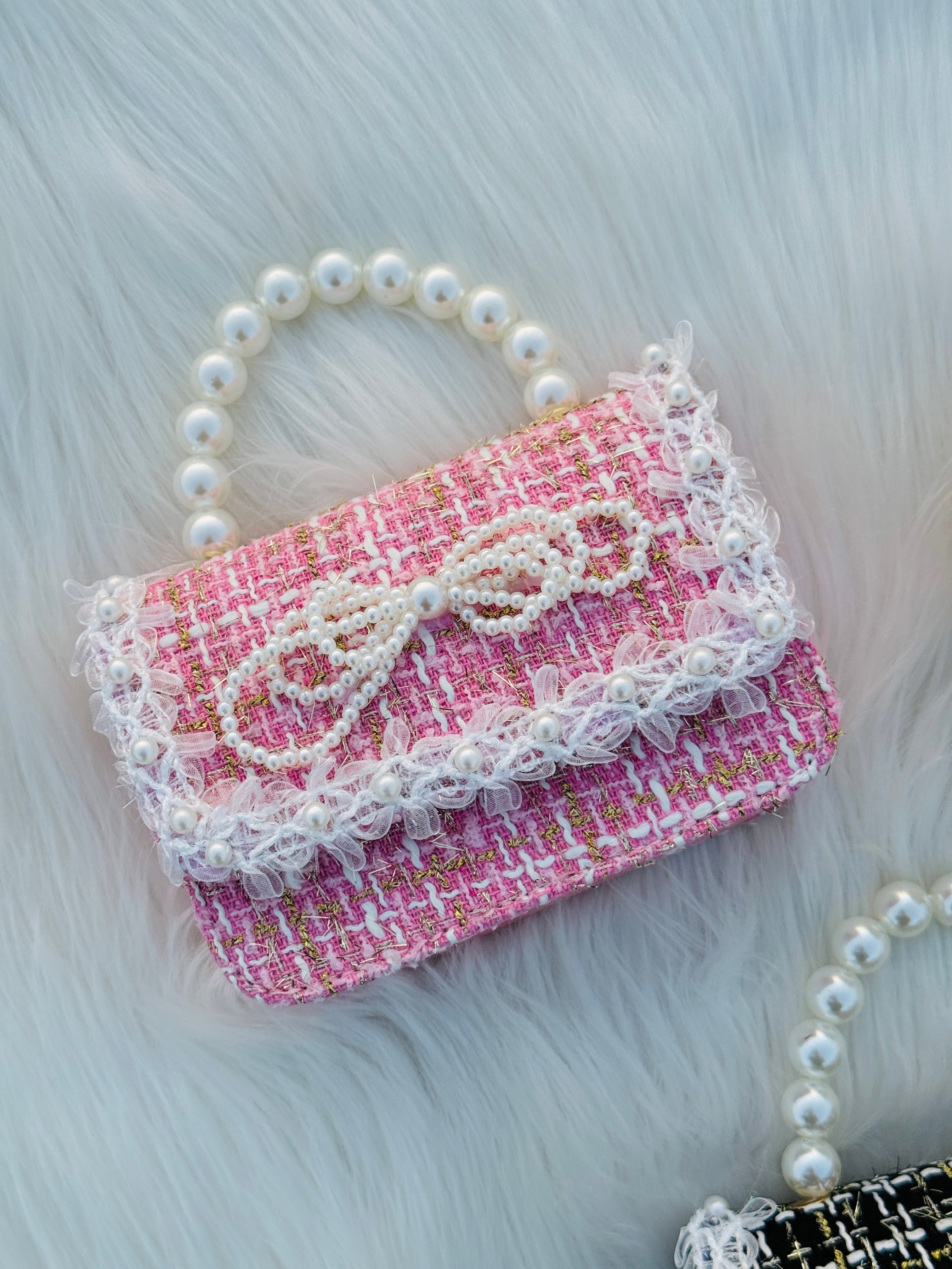 Pearl Handle Tweed Mini Handbag for GirlsLace Bow Shoulder Purse Cute Korean Style Crossbody Bag