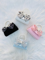 Pearl Handle Tweed Mini Handbag for Girls Bow Ribbon Crossbody Purse Cute Fashion Shoulder Bag