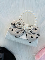 Pearl Handle Tweed Mini Handbag for Girls Bow Ribbon Crossbody Purse Cute Fashion Shoulder Bag