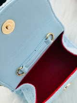 Pearl Handle Tweed Mini Handbag for Girls Bow Ribbon Crossbody Purse Cute Fashion Shoulder Bag