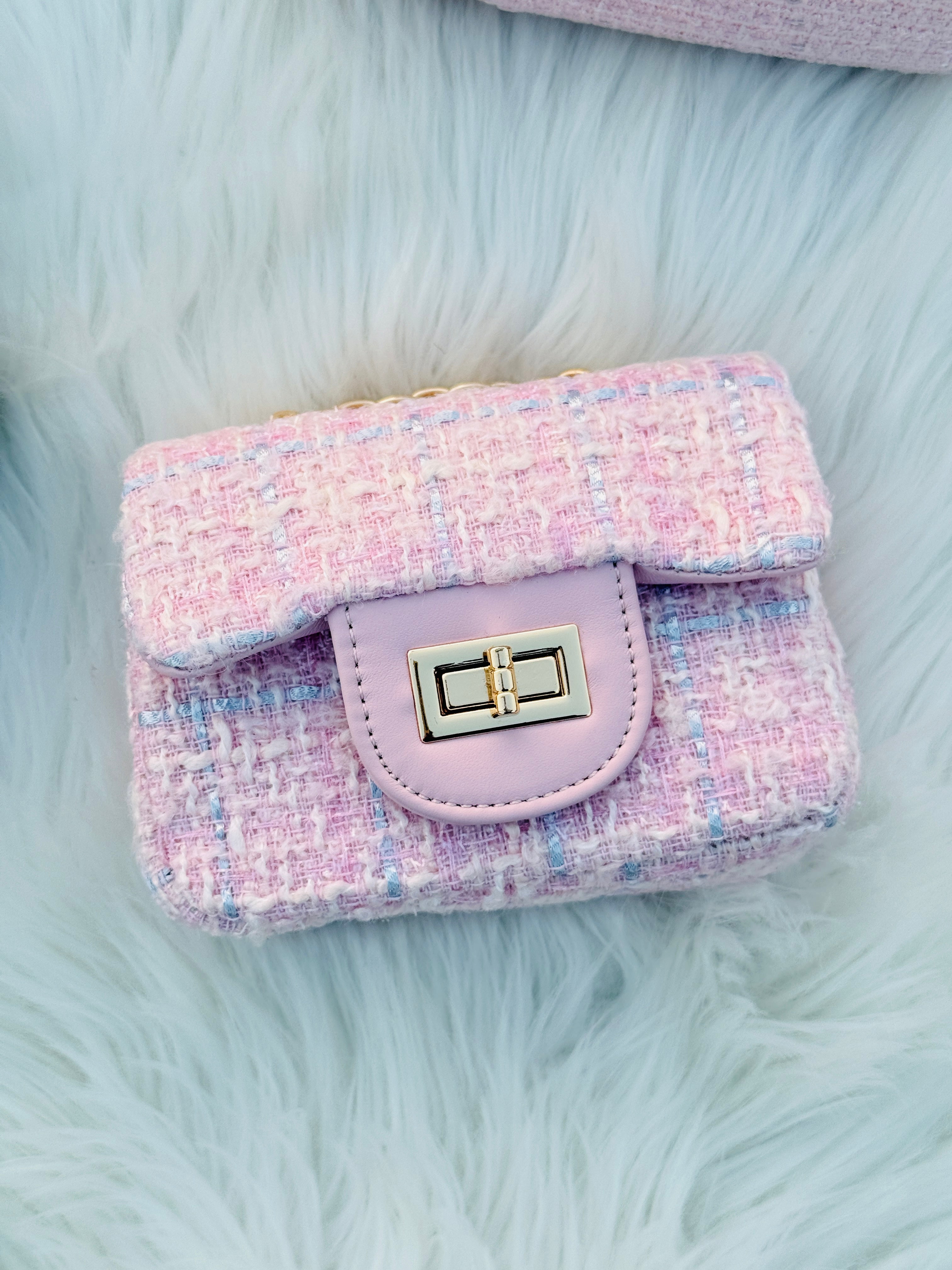 Luxury Tweed Mini Crossbody Handbag for Girls & Women Pearl Chain Shoulder Bag