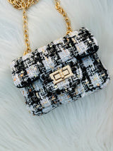 Luxury Tweed Mini Crossbody Handbag for Girls & Women Pearl Chain Shoulder Bag
