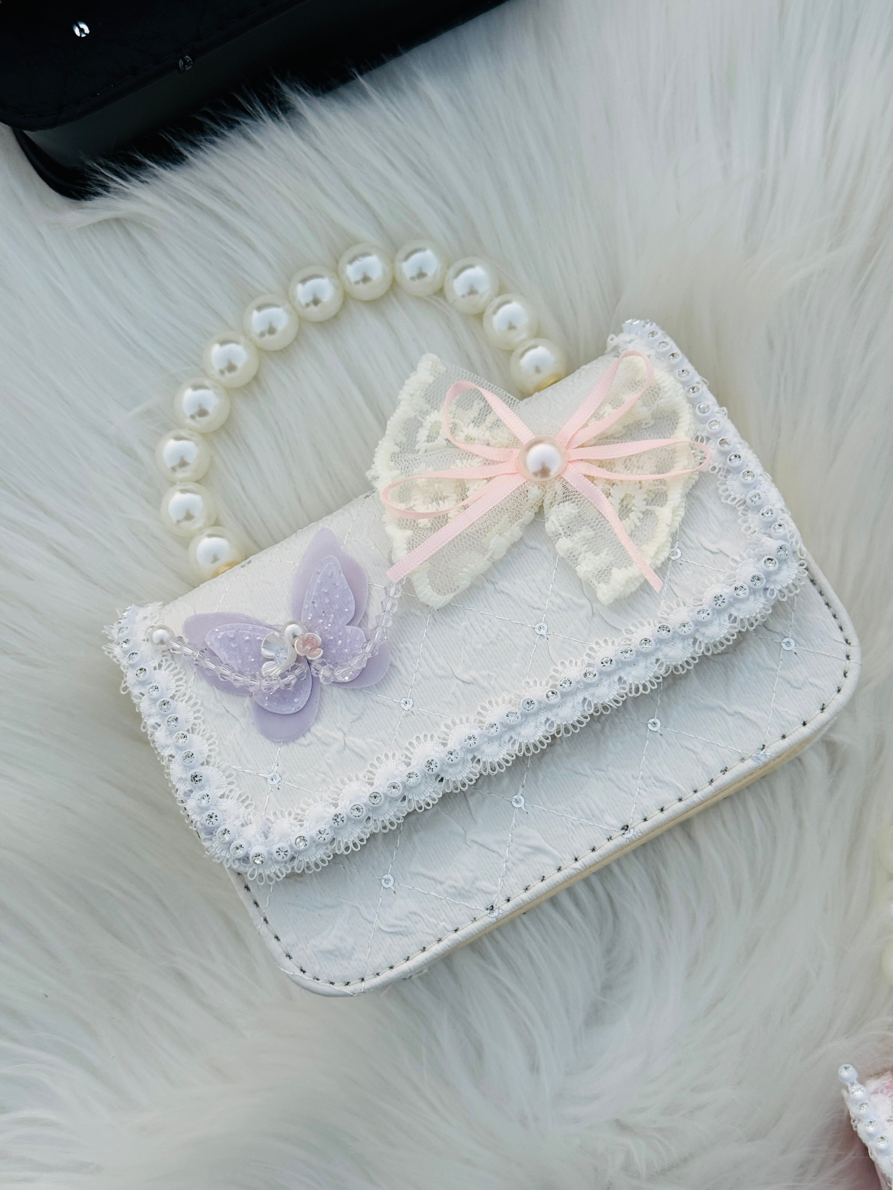 Butterfly Lace Pearl Handle Mini Bag Cute Girls Crossbody & Handbag