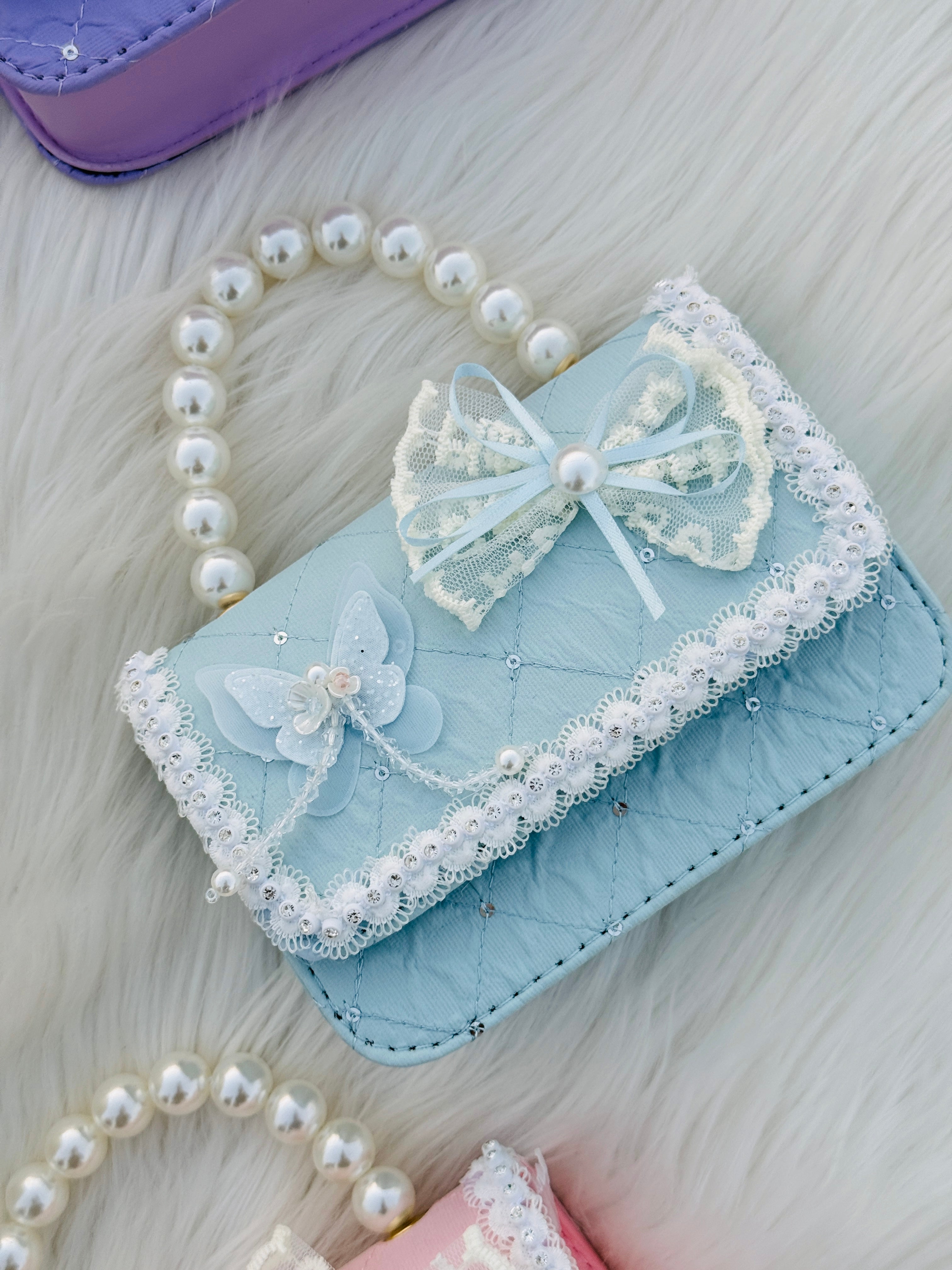 Butterfly Lace Pearl Handle Mini Bag Cute Girls Crossbody & Handbag