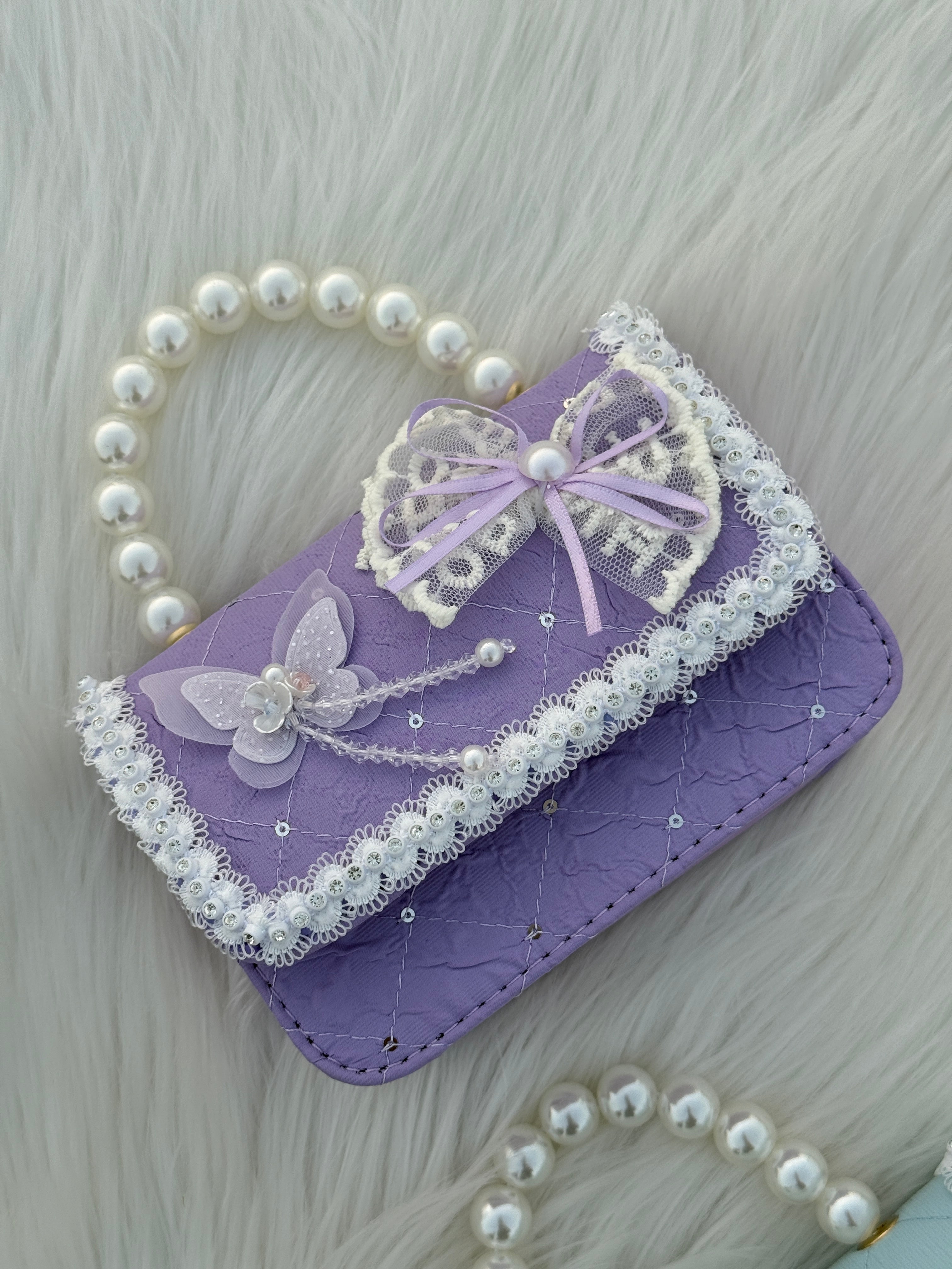 Butterfly Lace Pearl Handle Mini Bag Cute Girls Crossbody & Handbag