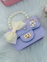 Pearl Handle Mini Tweed Bow Bag Cute Girls Crossbody & Handbag