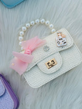 Pearl Handle Mini Tweed Bow Bag Cute Girls Crossbody & Handbag