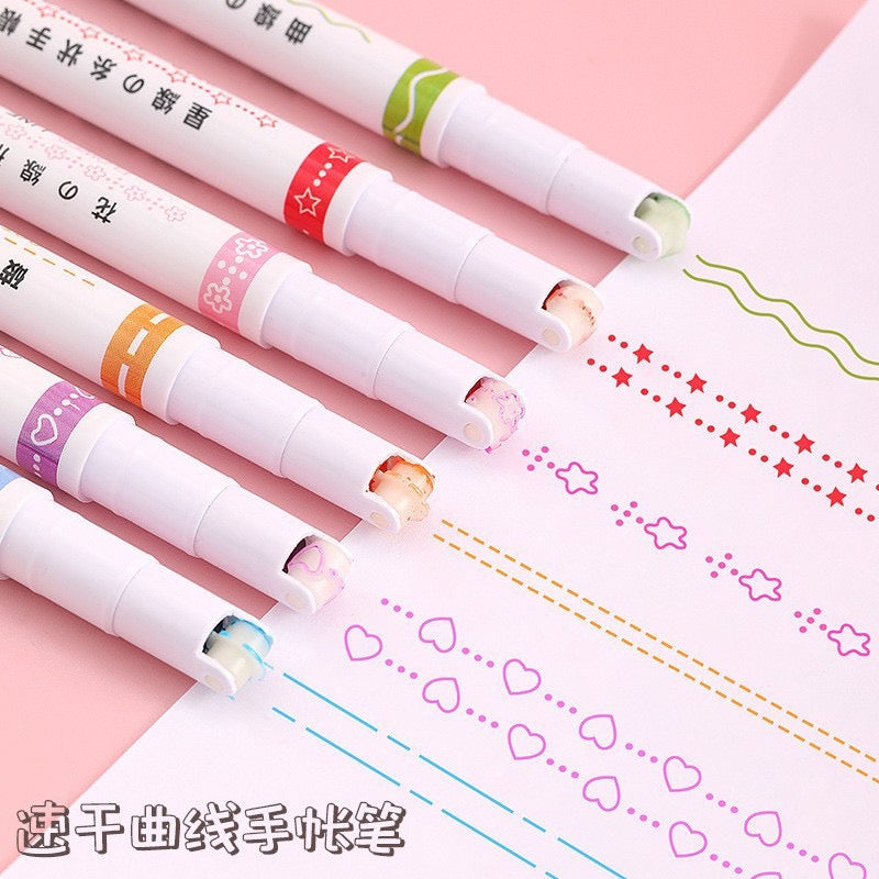 6Pcs/Set Flower Line Highlighter Pens Roller Nip Curve Marker Pen