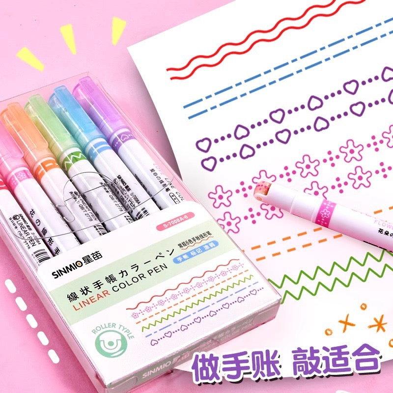 6Pcs/Set Flower Line Highlighter Pens Roller Nip Curve Marker Pen