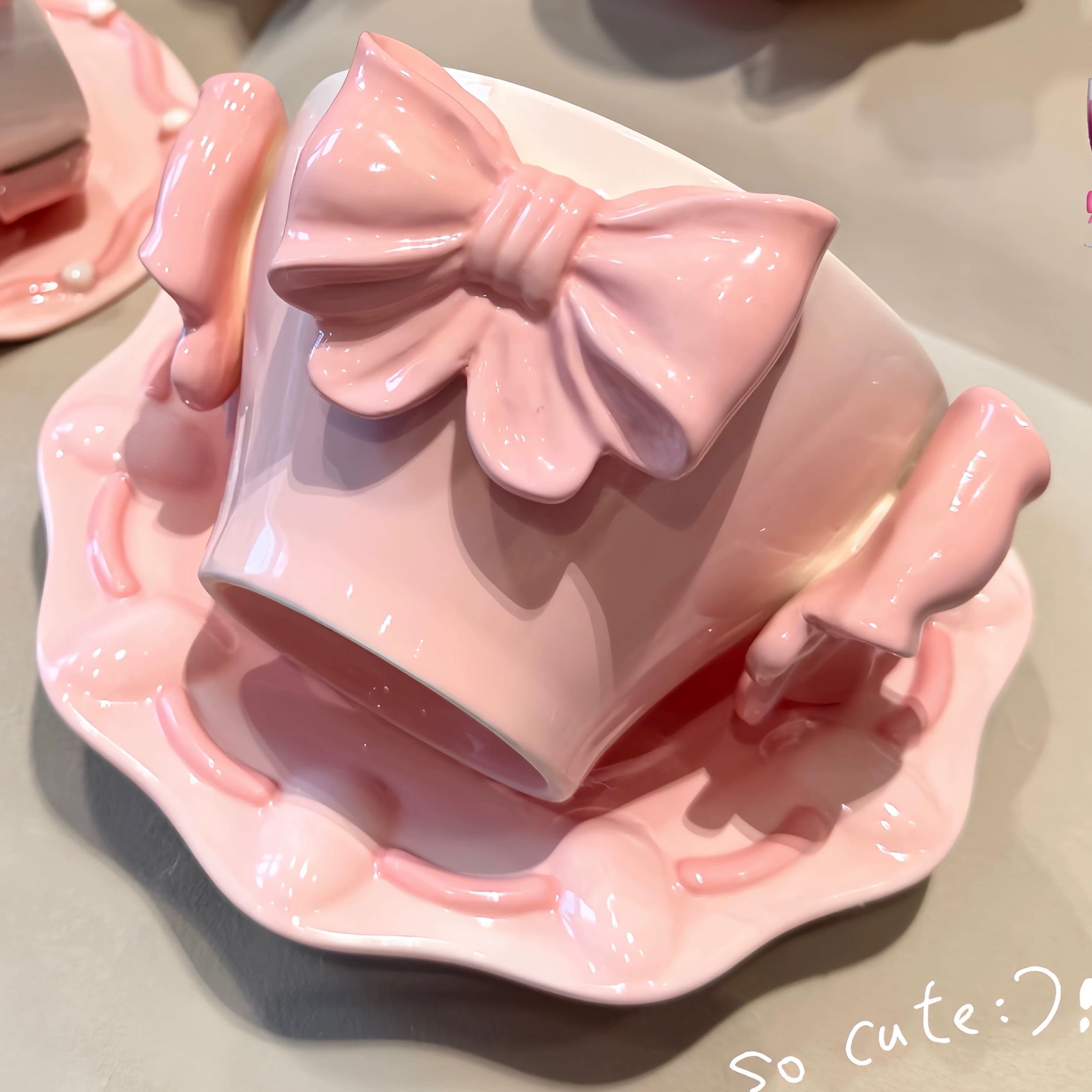 Handmade Kawaii Pink Bow Ceramic Cup & Saucer Set Coquette Princess Tea Cup 420ml Aesthetic Coffee Mug Set