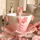 Handmade Kawaii Pink Bow Ceramic Cup & Saucer Set Coquette Princess Tea Cup 420ml Aesthetic Coffee Mug Set