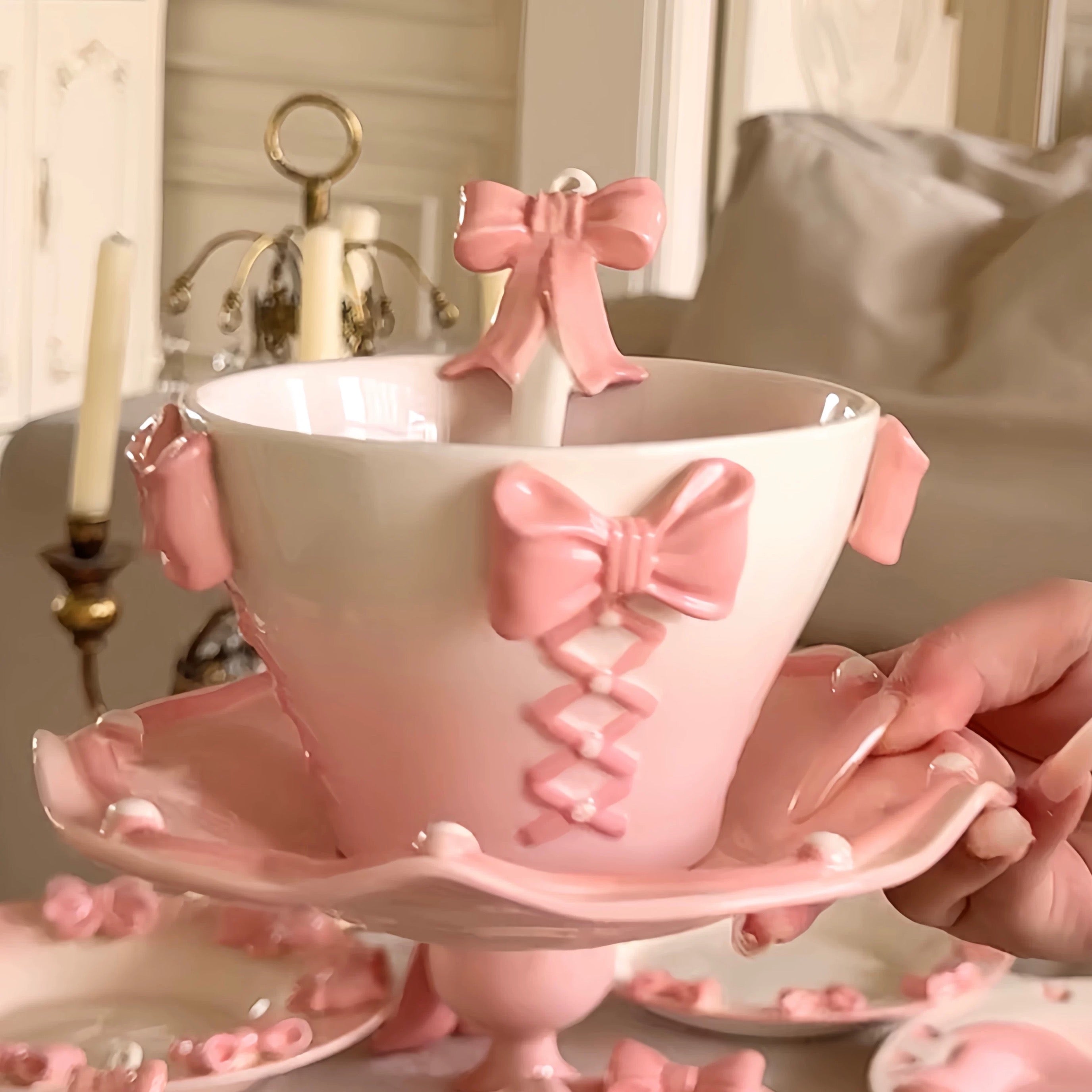 Handmade Kawaii Pink Bow Ceramic Cup & Saucer Set Coquette Princess Tea Cup 420ml Aesthetic Coffee Mug Set