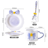 Kawaii Blue Bow Ceramic Mug Set with Plate & Spoon Princess Tea Cup Set 320ml Cute Aesthetic Coffee Cup