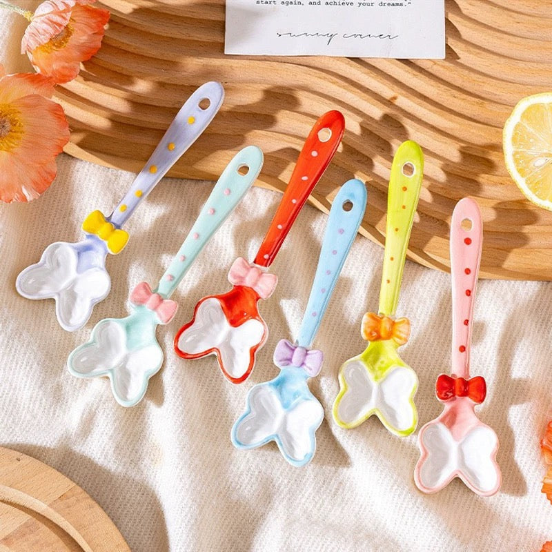 Kawaii Blue Bow Ceramic Mug Set with Plate & Spoon Princess Tea Cup Set 320ml Cute Aesthetic Coffee Cup