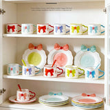 Kawaii Blue Bow Ceramic Mug Set with Plate & Spoon Princess Tea Cup Set 320ml Cute Aesthetic Coffee Cup