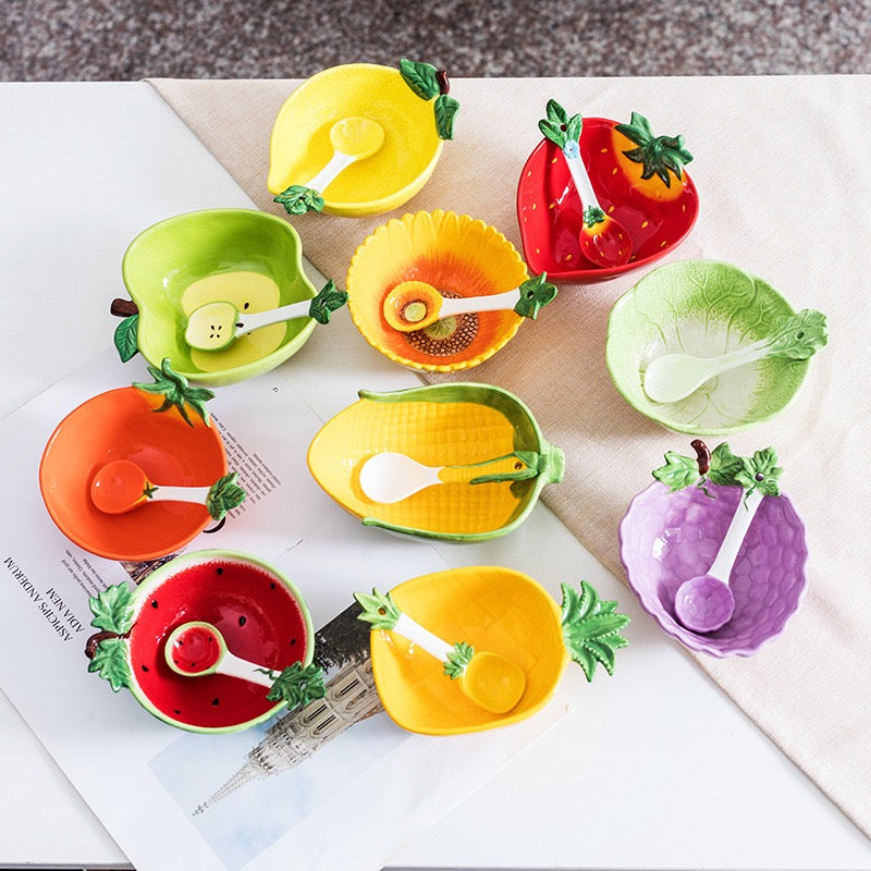 Cute Fruit Ceramic Bowl with Spoon