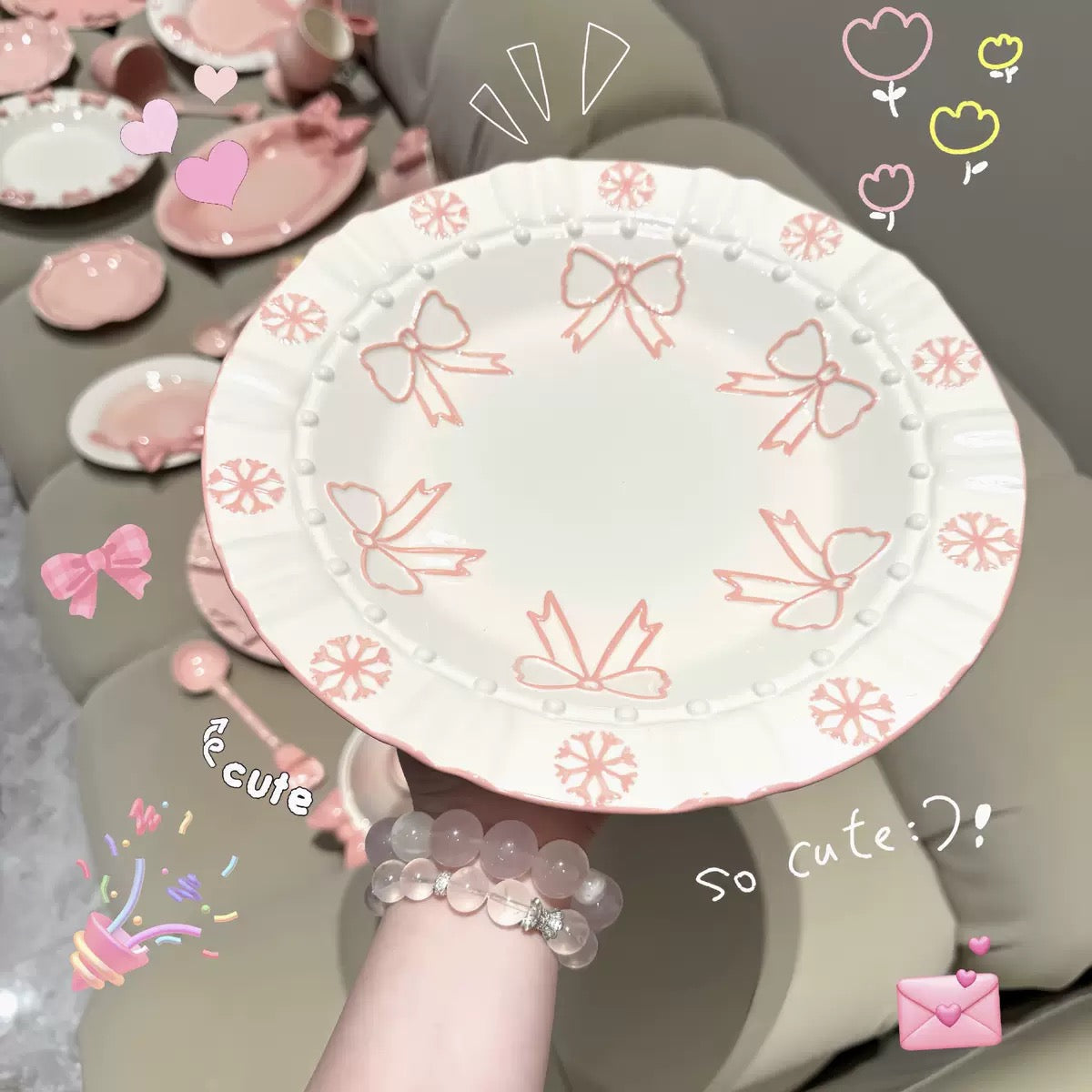 Handmade Pink Bow Ceramic Dinnerware Coquette Princess Dessert Plates Kawaii Aesthetic Tableware Gift Set