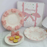 Handmade Pink Bow Ceramic Dinnerware Coquette Princess Dessert Plates Kawaii Aesthetic Tableware Gift Set