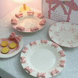 Handmade Pink Bow Ceramic Dinnerware Coquette Princess Dessert Plates Kawaii Aesthetic Tableware Gift Set