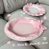 Handmade Pink Bow Ceramic Dinnerware Coquette Princess Dessert Plates Kawaii Aesthetic Tableware Gift Set