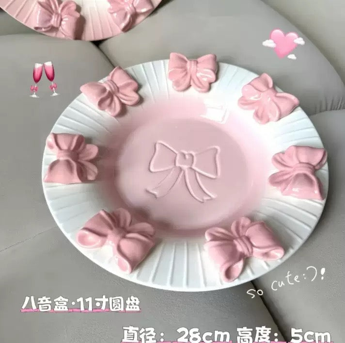 Handmade Pink Bow Ceramic Dinnerware Coquette Princess Dessert Plates Kawaii Aesthetic Tableware Gift Set