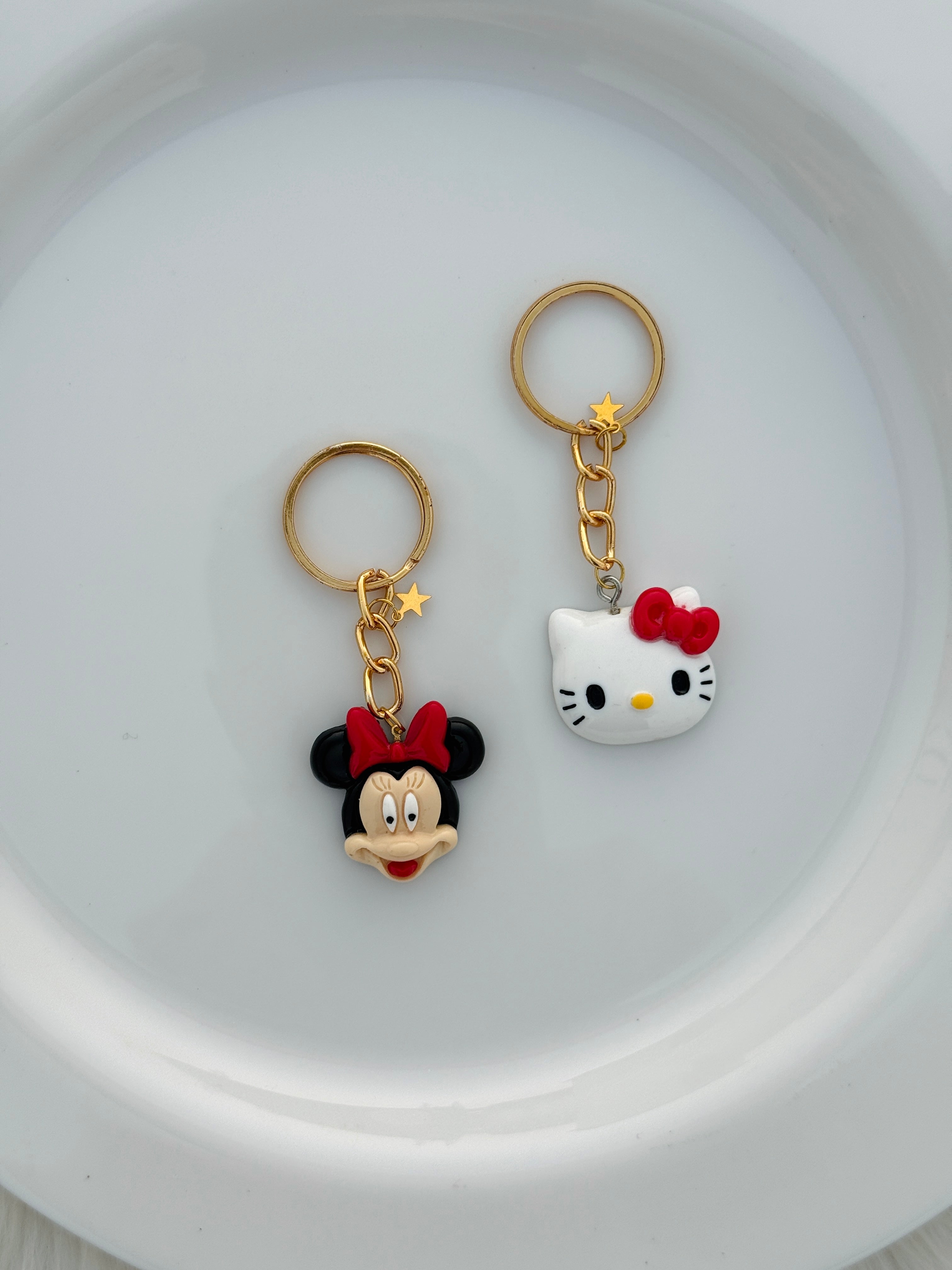 Cute Character Duo Keychain Set Adorable Bow Charm Collection