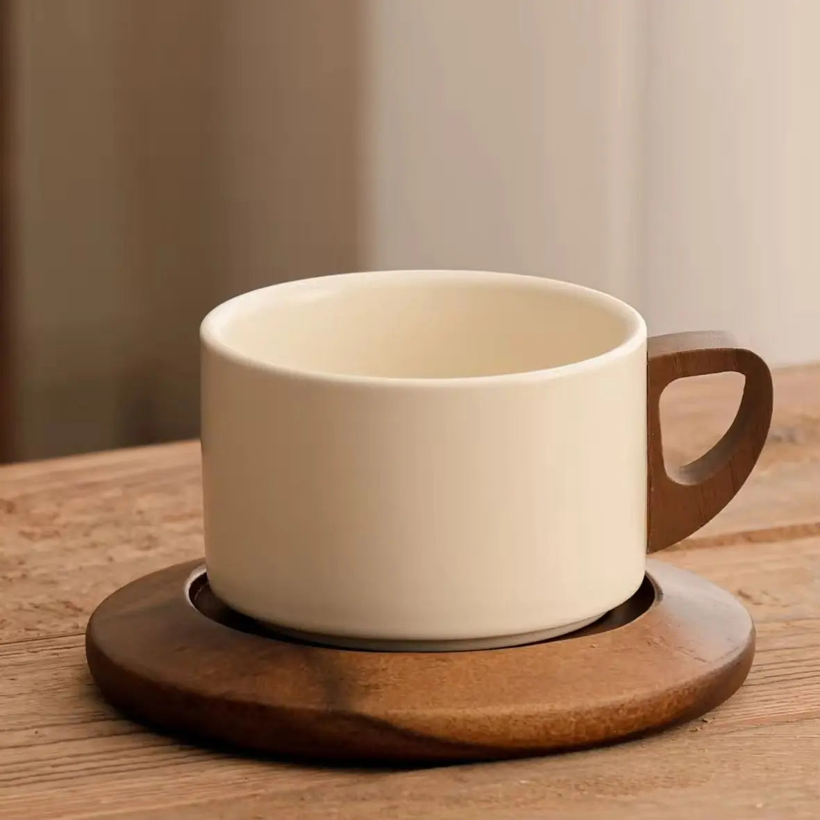 Minimalist Ceramic Cup with Wooden Saucer SparkelsSparkels