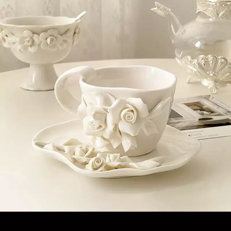 Ivory Rose Sculpted Ceramic Cup & Saucer SparkelsSparkels