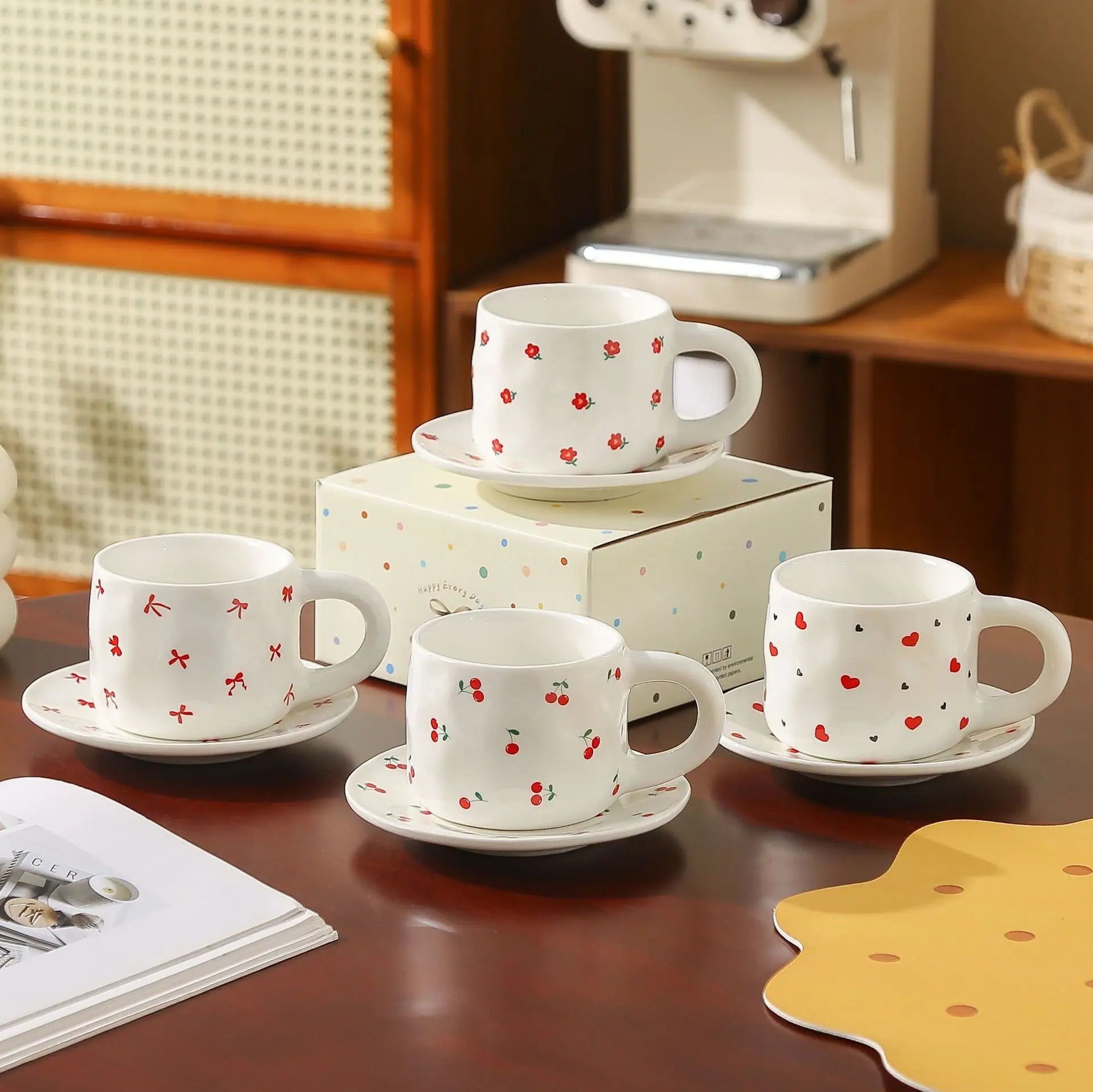 Cherry & Heart Pattern Ceramic Cup Set SparkelsSparkels