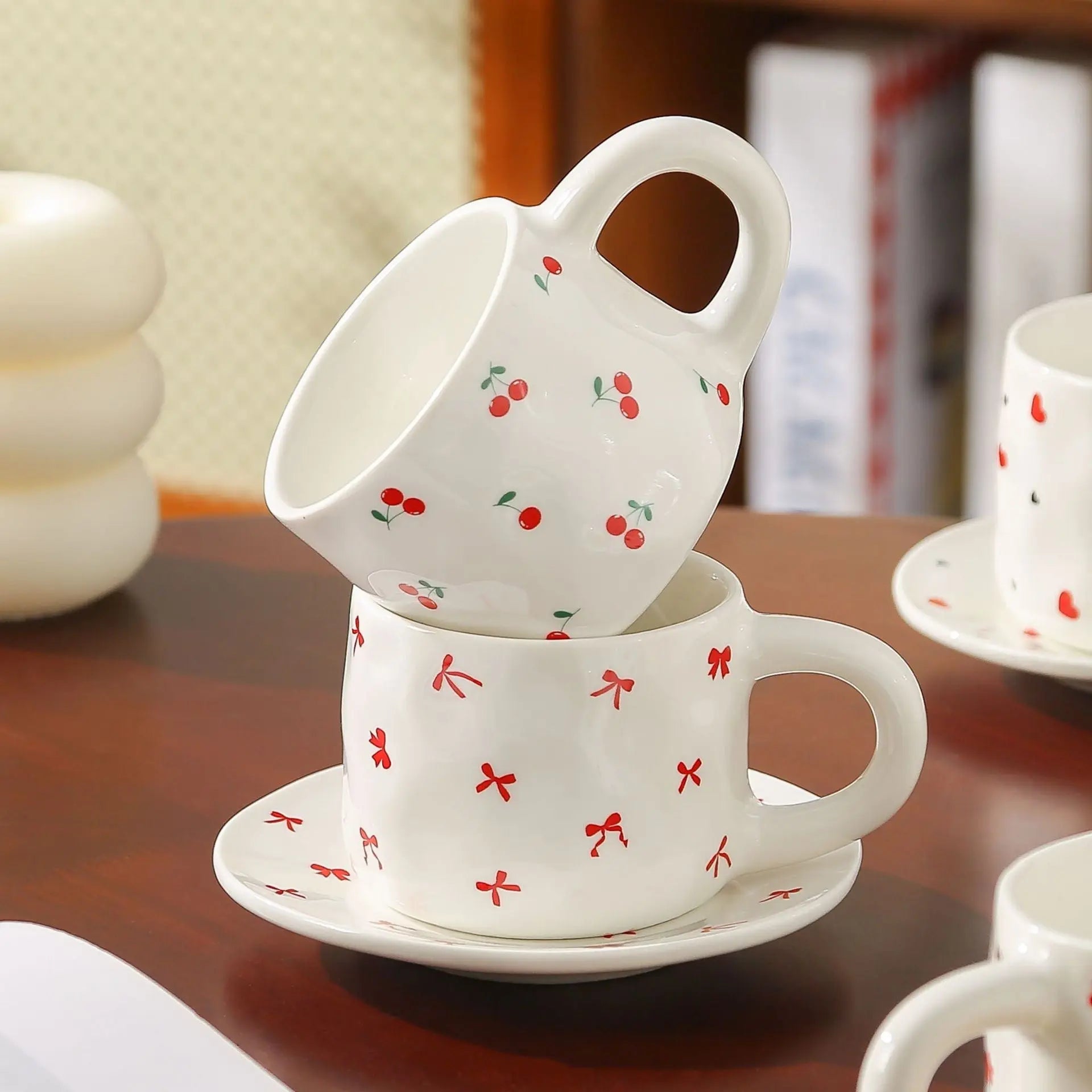 Cherry & Heart Pattern Ceramic Cup Set SparkelsSparkels