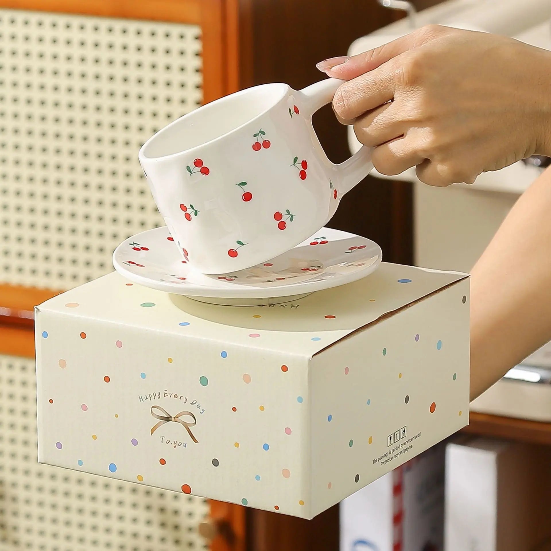 Cherry & Heart Pattern Ceramic Cup Set SparkelsSparkels