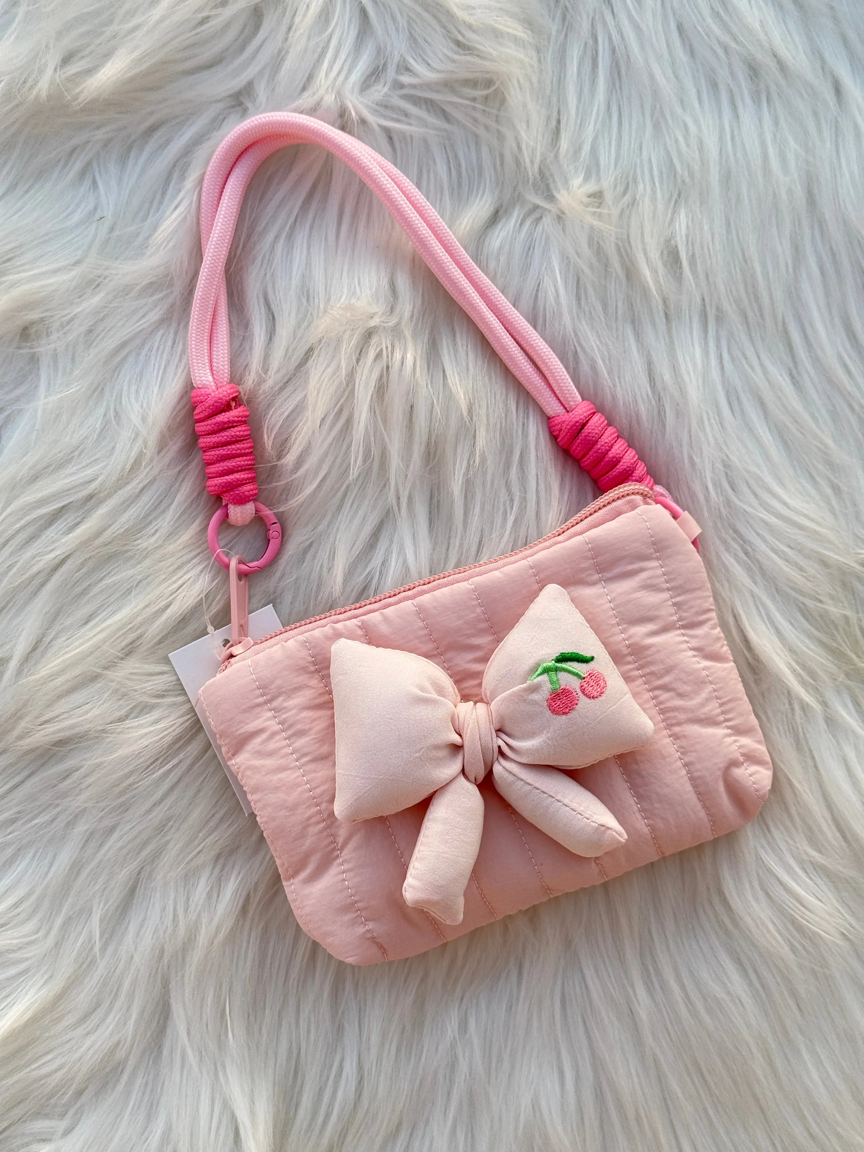 Cute Pastel Bow Mini Handbag with Cherry Embroidery SparkelsSparkels