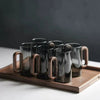 6 Piece Glass Coffee Mug Set with Metal Holder Modern Clear Tea Cups with Wooden Handles