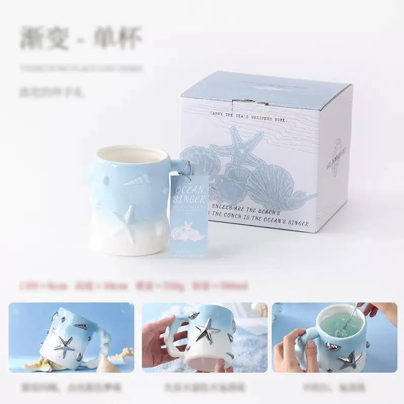 Ocean Seashell Ceramic Mug Starfish Coffee Cup Gift Set with Ocean Themed Box