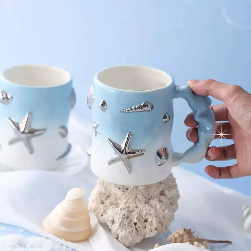 Ocean Seashell Ceramic Mug Starfish Coffee Cup Gift Set with Ocean Themed Box