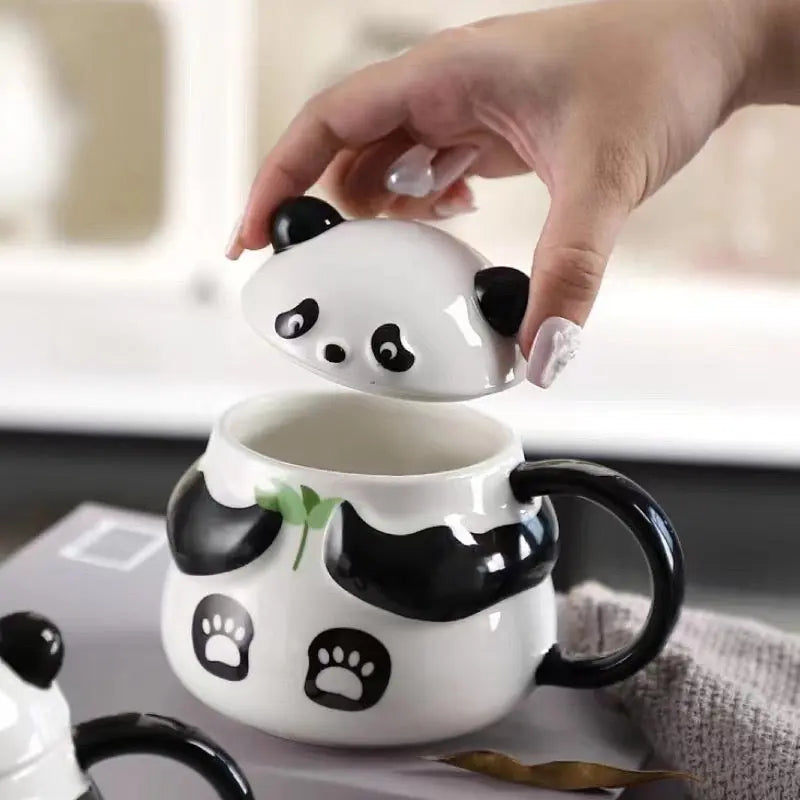 Cute Panda Ceramic Mug with Lid Kawaii Panda Coffee & Tea Cup