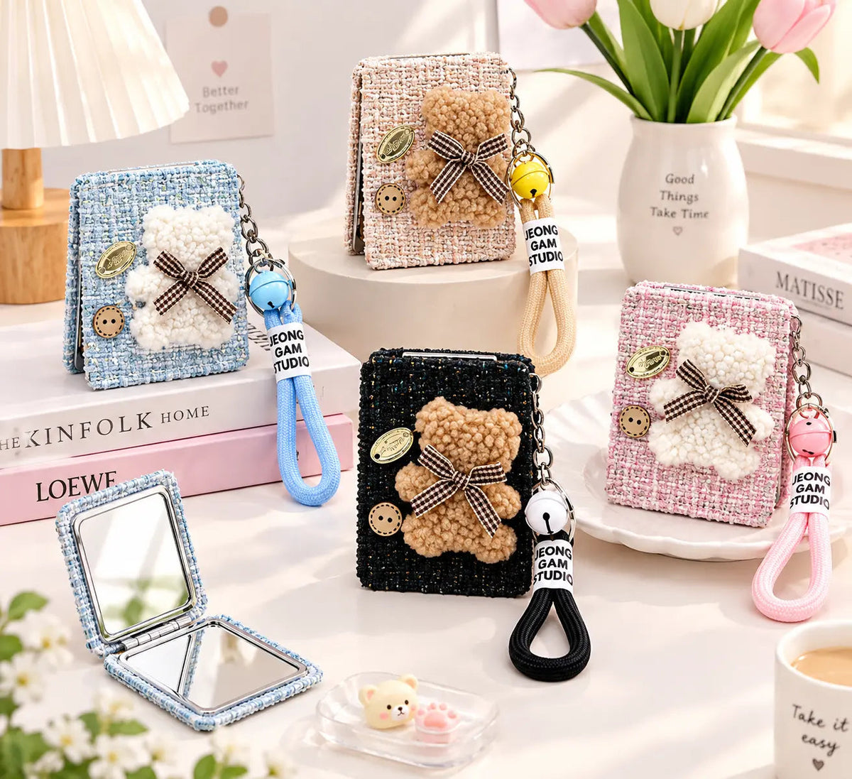 Cute Teddy Bear Compact Mirror Keychain with Wrist Strap