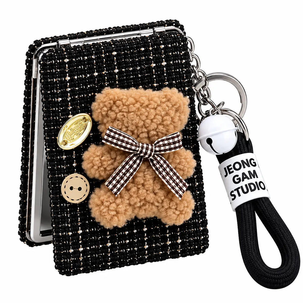 Cute Teddy Bear Compact Mirror Keychain with Wrist Strap