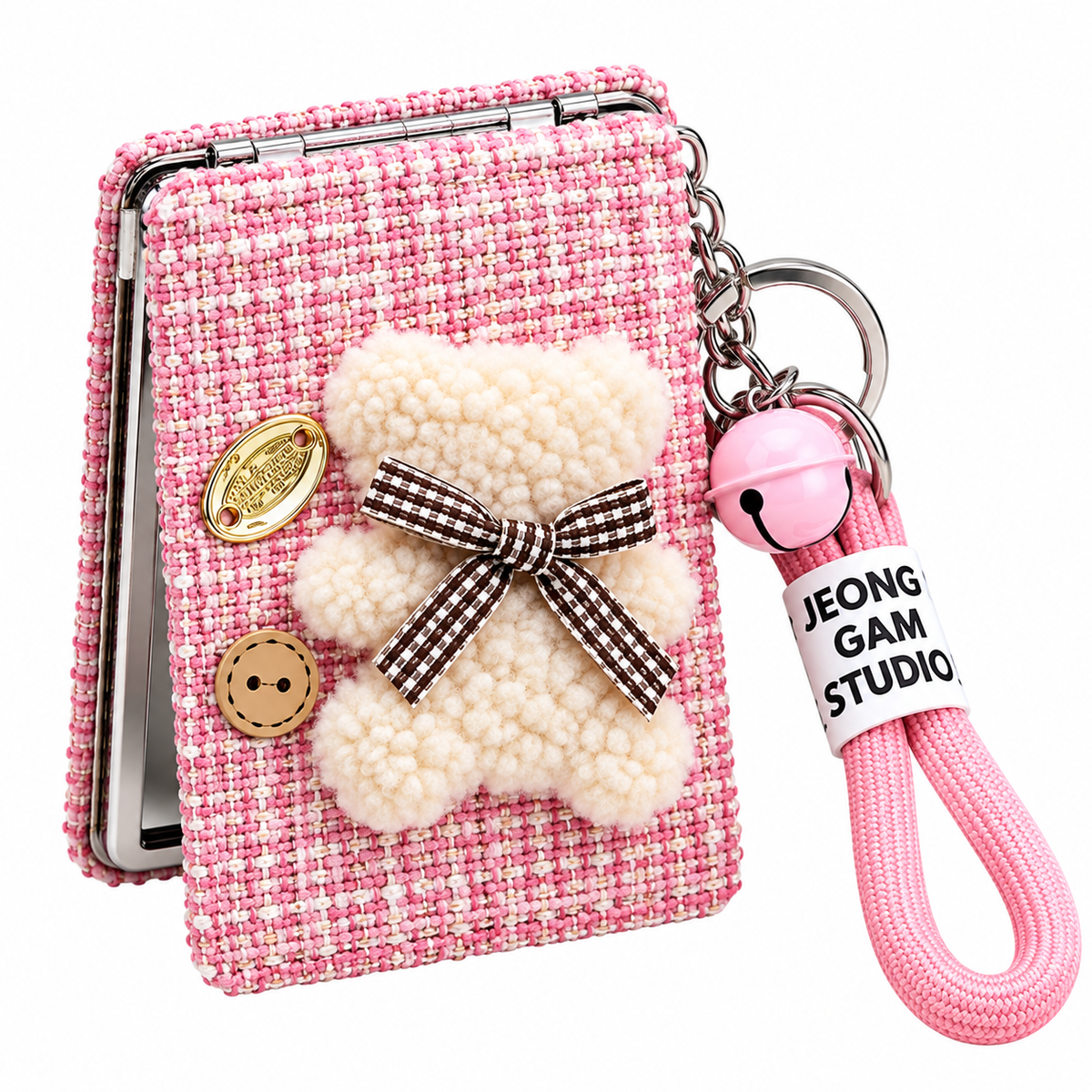 Cute Teddy Bear Compact Mirror Keychain with Wrist Strap