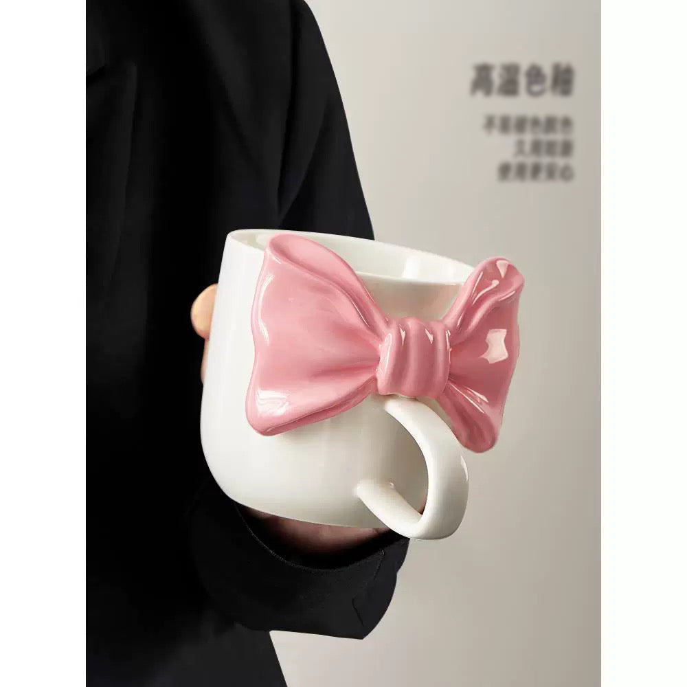 Cute Bow Knot Coffee Mug Aesthetic Ceramic Tea Cup with 3D Ribbon Handle