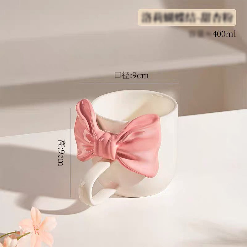 Cute Bow Knot Coffee Mug Aesthetic Ceramic Tea Cup with 3D Ribbon Handle