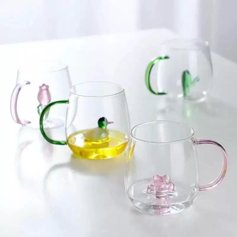Creative 3D Flower Glass Mug Cute Transparent Coffee & Tea Cup with Colored Handle